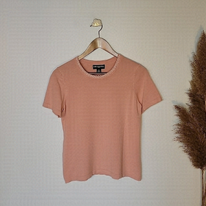 Pink Karl Lagerfeld knit t-shirt with white stitching detail on neckline. Small